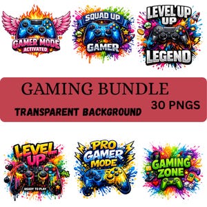 Puede incluir: Un paquete gráfico de juegos con seis diseños coloridos. Cada diseño presenta un mando de juego con frases como "Gamer Mode Activated", "Squad Up Gamer" y "Level Up Legend". El paquete incluye 30 PNG con fondos transparentes.