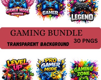 ゲーム関連クリップアートPNGバンドル、ゲーマーコントローラー昇華プリントデザイン（デジタルダウンロード）