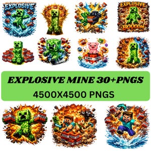 Può includere: Una collezione di illustrazioni digitali con personaggi di un videogioco popolare. Le immagini mostrano creature verdi pixelate e altri personaggi che interagiscono con blocchi di TNT ed esplosioni. È presente anche il testo "EXPLOSIVE MINE 30+PNGS 4500X4500 PNGS".