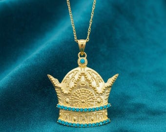 Pahlavi Crown Halskette Türkis, 925er Silber vergoldet Anhänger, Imperial Vintage Style Schmuck, Made in der Türkei