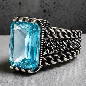 Herrring i 925 sterlingsilver med akvamarin och zirkon, kedjedesign, djärvt statement-ring för män