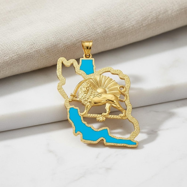 Map of Persia lion & sun Turquoise Pendant 925 Silver Necklace imperial Pahlavi ,Made in Turkey