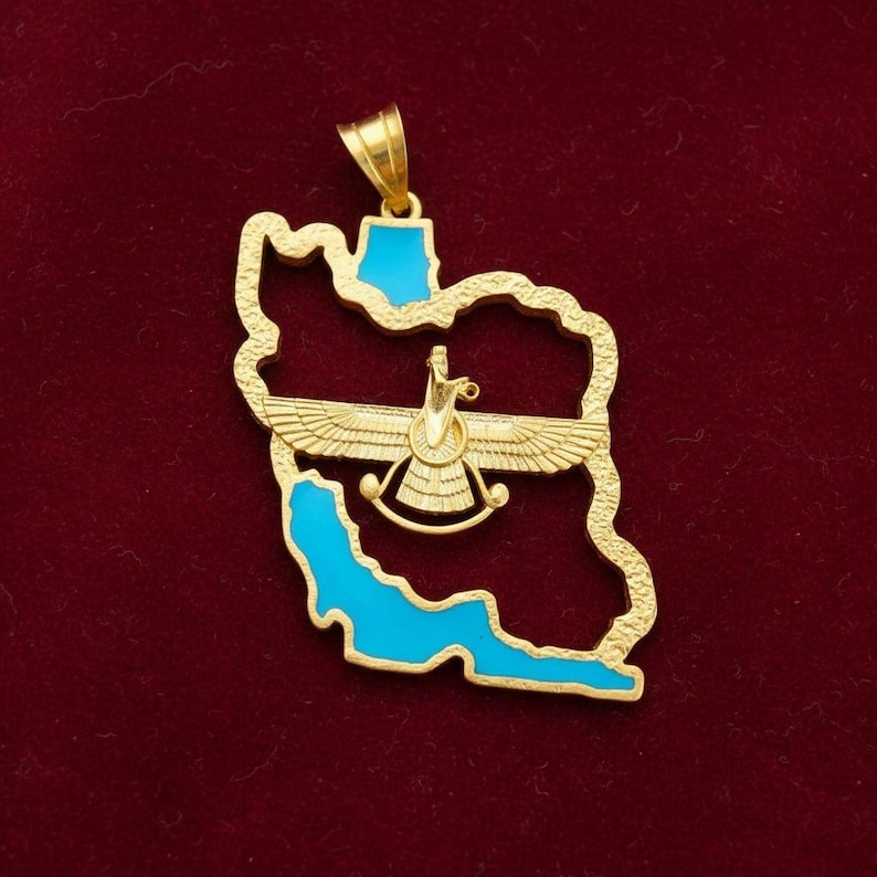 Map of Persia Farvahar Turquoise Pendant 925 Silver Necklace Ancient Zoroastrian ,Made in Turkey