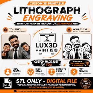 Pode incluir: Um gráfico digital para serviços de gravação litográfica 3D personalizada. Inclui uma foto de uma pessoa com duas crianças, uma versão em arte linear, o logótipo LUX3D PRINT e texto explicando o processo de receber um ficheiro STL.