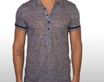 Black & White Linen Striped Banded Men's Polo