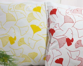 Ginkgo cushion covers - Ginkgo leaves hand screen-printed in yellow or red - Exclusive designer pattern - Ecru color cotton blend fabric