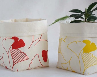 2 Fabric organizer baskets hand screen printed with ginkgo leaves in red or yellow -Cotton storage bucket -soft bin for storage