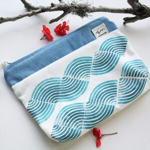 Small pouch handprinted Blue or Red Zipper pouch block printed Makeup pouch Blue