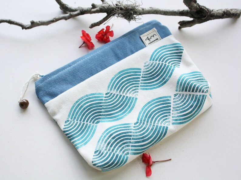 Small pouch handprinted Blue or Red Zipper pouch block printed Makeup pouch Blue