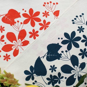 Cotton placemats Spring screen print blue or red-Set x 2-Modern rustic style placemats handprinted flowers and leaves onto unbleached cotton image 1