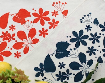 Cotton placemats Spring screen print blue or red-Set x 2-Modern rustic style placemats handprinted flowers and leaves onto unbleached cotton