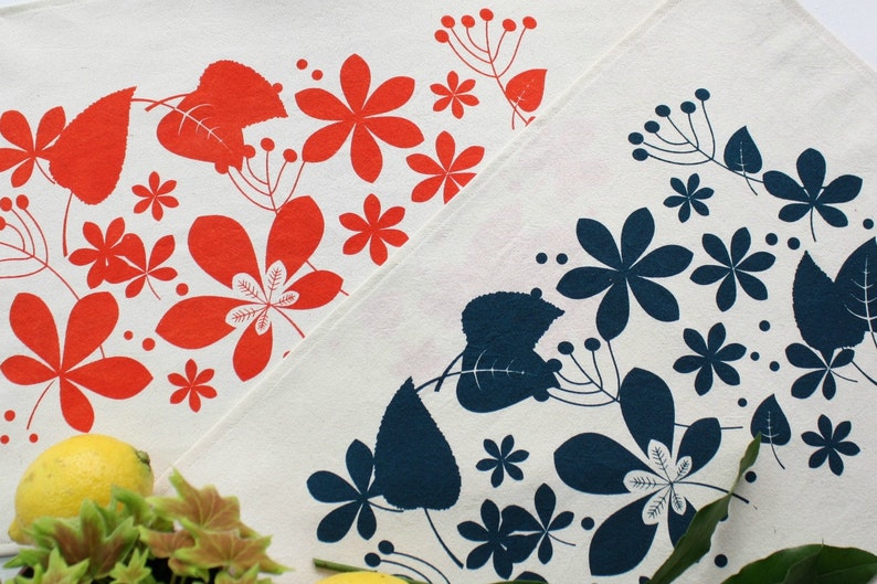 Cotton placemats Spring screen print blue or red-Set x 2-Modern rustic style placemats handprinted flowers and leaves onto unbleached cotton image 1