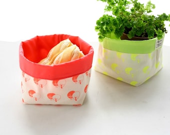 Fabric basket hand printed - Fabric storage bucket printed in neon - Coral or yellow organizer bin