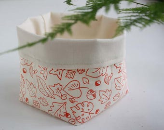 2 Soft fabric bucket - Small fabric container basket hand printed with leaves pattern in coral - Cotton bin organizer