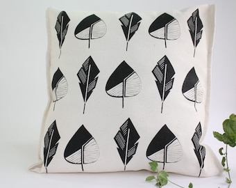 Modern throw pillow covers hand printed on ecru cotton with leaves in black - Designer cushion covers artisan silkscreen printing - 40cm 16"