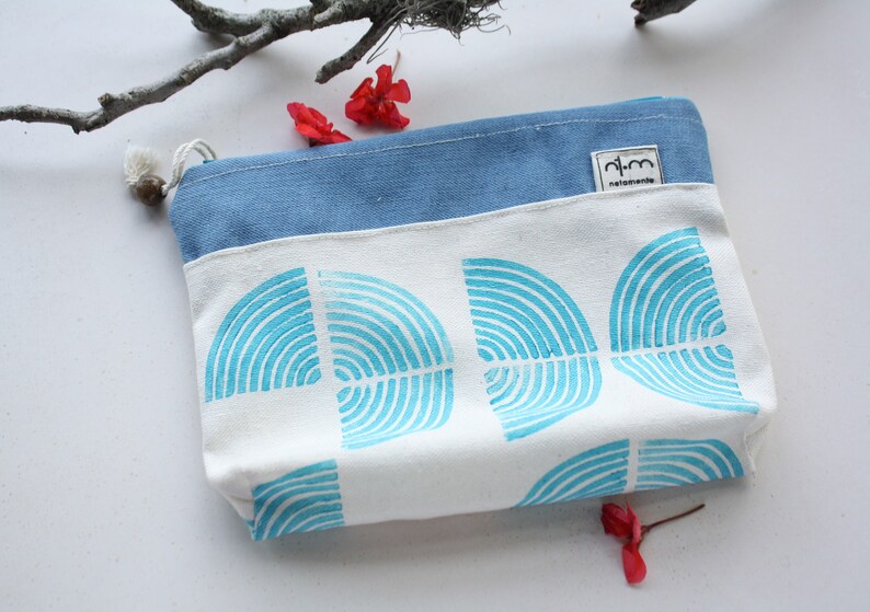 Small pouch handprinted Blue or Red Zipper pouch block printed Makeup pouch Turquoise