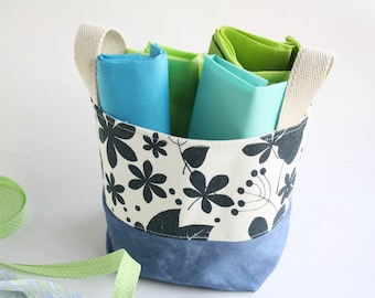 Fabric bucket with handles - cotton fabric basket - 5.5"x7" -  blue and natural - leaves and flowers screen-printed in navy blue
