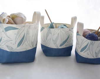 Fabric buckets with handles - cotton fabric basket - 3 different sizes 8"x9.5" / 7"x8" / 6.5"x7"  Eucalyptus print cotton - natural and blue