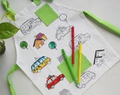 Kinderschürze mit Autos Siebdruck zum Ausmalen - Schürze aus Baumwolle für Kinder ab 5 Jahren.