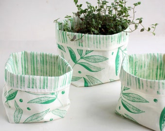 2 Fabric organizer baskets hand screen printed with leaves in green -Cotton storage bucket -soft bin for storage - bread basket