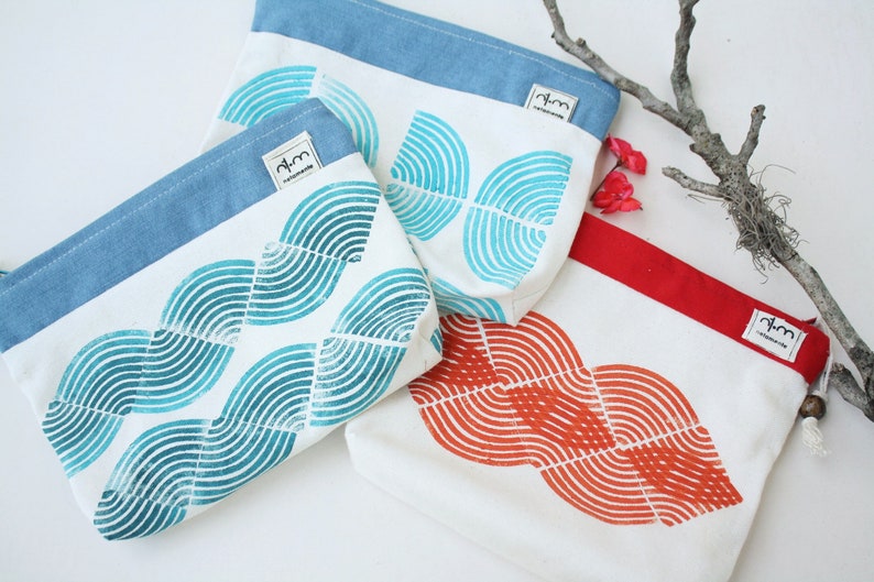 Small pouch handprinted Blue or Red Zipper pouch block printed Makeup pouch image 1