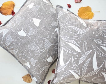 Grey cushion cover screen-printed gingko and eucalyptus leaves in white - handmade decorative pillow 19"x19"