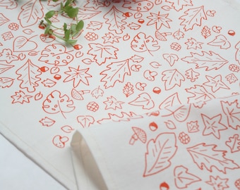 Cotton placemats set x 4 -Handprinted placemats with leaves in coral or mint-Raw color cotton placemats screen-printed