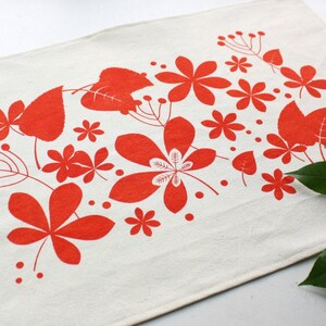 Cotton placemats Spring screen print blue or red-Set x 2-Modern rustic style placemats handprinted flowers and leaves onto unbleached cotton image 3