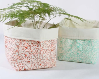 2 Fabric baskets handprinted in coral or mint -Cotton buckets printed with leaves pattern - Organizer bin for table, desk or planter - 6"x7"