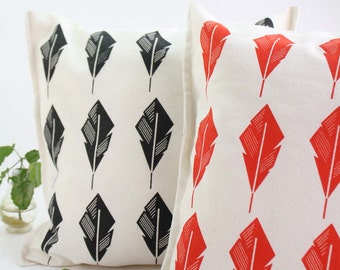Modern throw pillow covers hand printed on ecru cotton with leaves in black and red - Designer cushion covers silkscreen printing - 40cm 16"