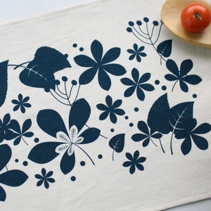 Cotton placemats Spring screen print blue or red-Set x 2-Modern rustic style placemats handprinted flowers and leaves onto unbleached cotton Blue