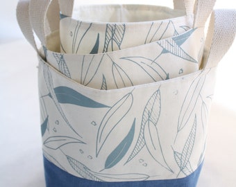 Set of 3 fabric buckets with handles - 3 cotton fabric baskets - sizes 8"x9.5" / 7"x8" / 6.5"x7"  Eucalyptus print cotton - natural and blue