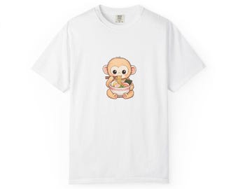 Baby Monkey Eating Ramen T-Shirt | Kawaii Noodle Illustration, Garment-Dyed Tee