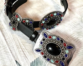 Amazing Navajo Inspired Style Leather Belt w/ Silver Conchos and Lots of Stones and Cabochons