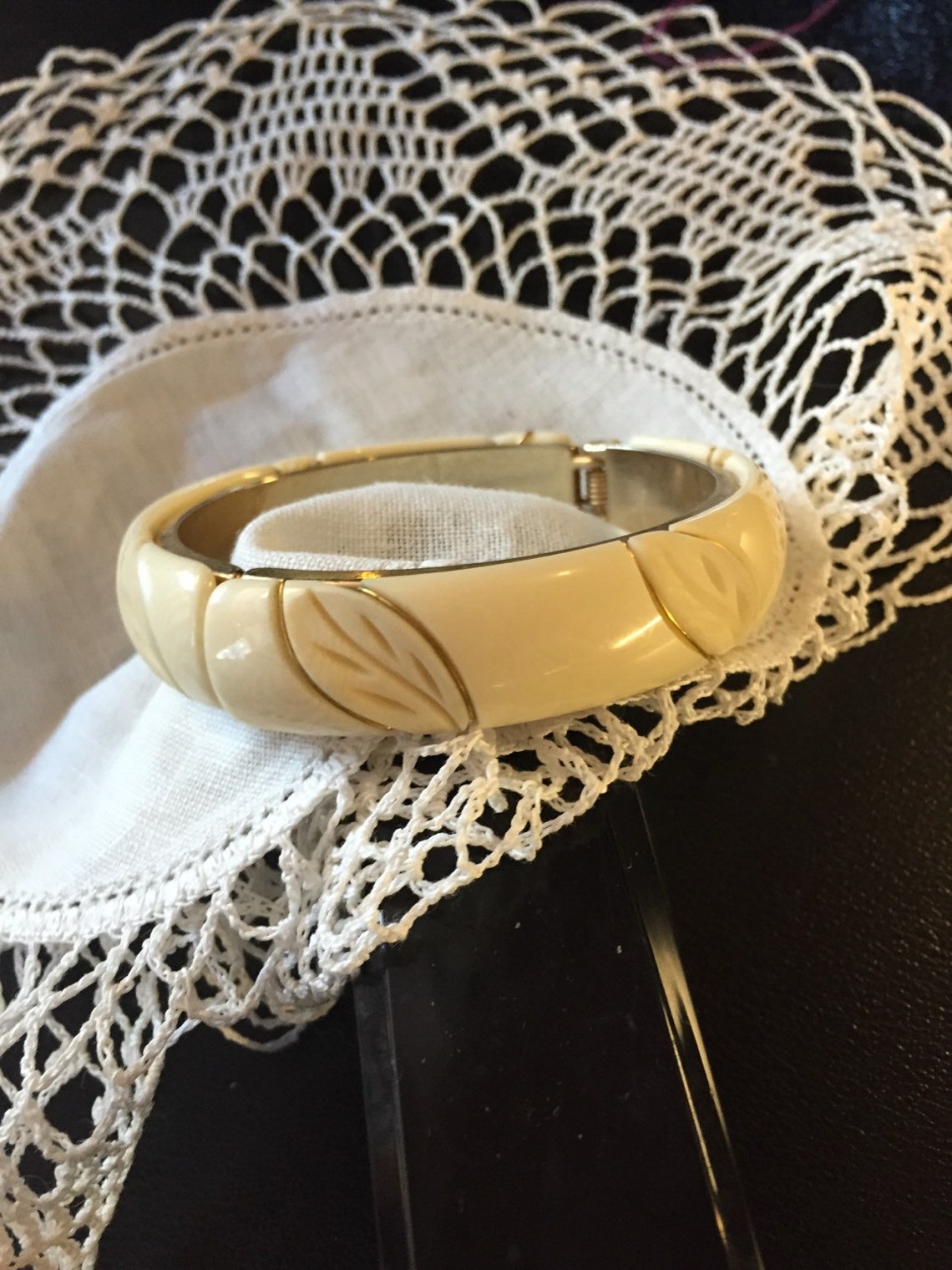French Ivory Clamper Bracelet Carved Leaves Vintage Pretty Etsy