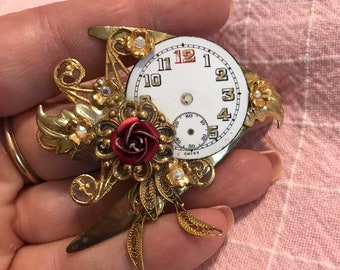 Handmade Upcycled Watch Face Brooch Rhinestones Gold Awesome BIG Jewelry Piece