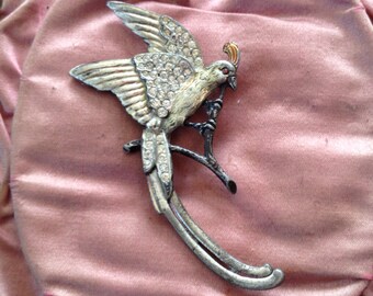 Large Vintage Silver Bird Brooch with Accent Stones 1940s So Unique and Beautiful