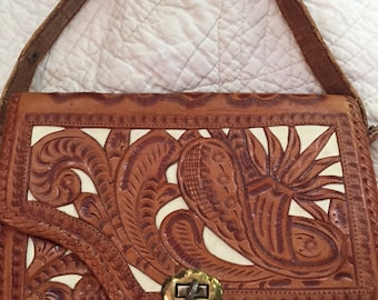 Great Hand Tooled Leather Two-tone Front Purse Smaller Size Cute