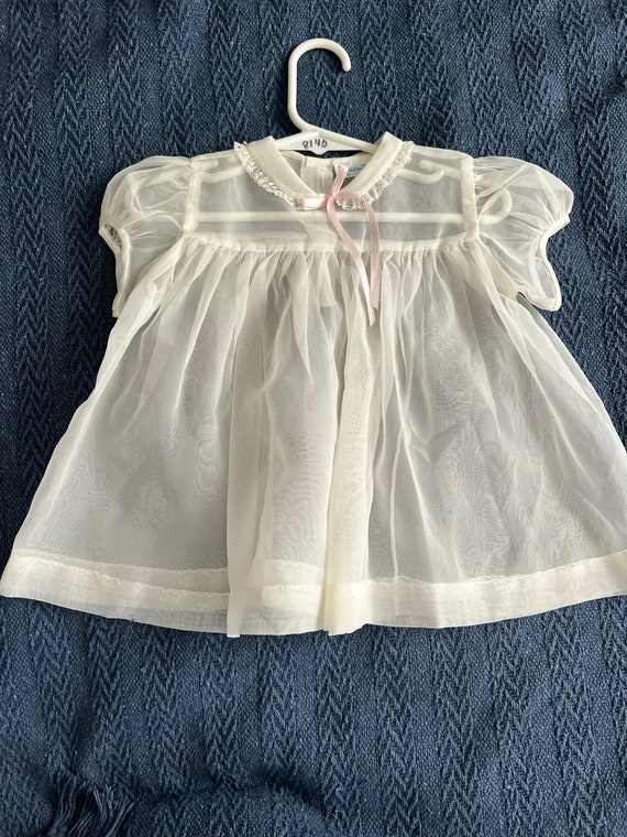 Darling Sheer Vintage White Chiffon Baby Dress 19… - image 5