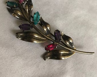 Vintage Symmetalic Sterling & 14K Gold Flower Brooch Multi Colored Stones Pretty