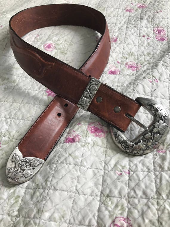 Wide Vintage Leather Brighton Belt Heavy Silver Fl