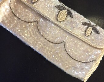 Gorgeous Beaded and Sequined Clutch Vintage Pearls Silver and White Beautiful