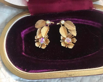 Gorgeous Gold Clip Floral Earrings Aurora Borealis Rhinestones Shiny and Perfect! 1950s