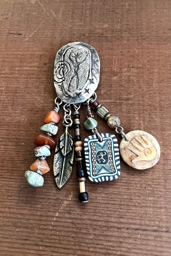 Lovely Silver Native American Style Dangle Brooch 