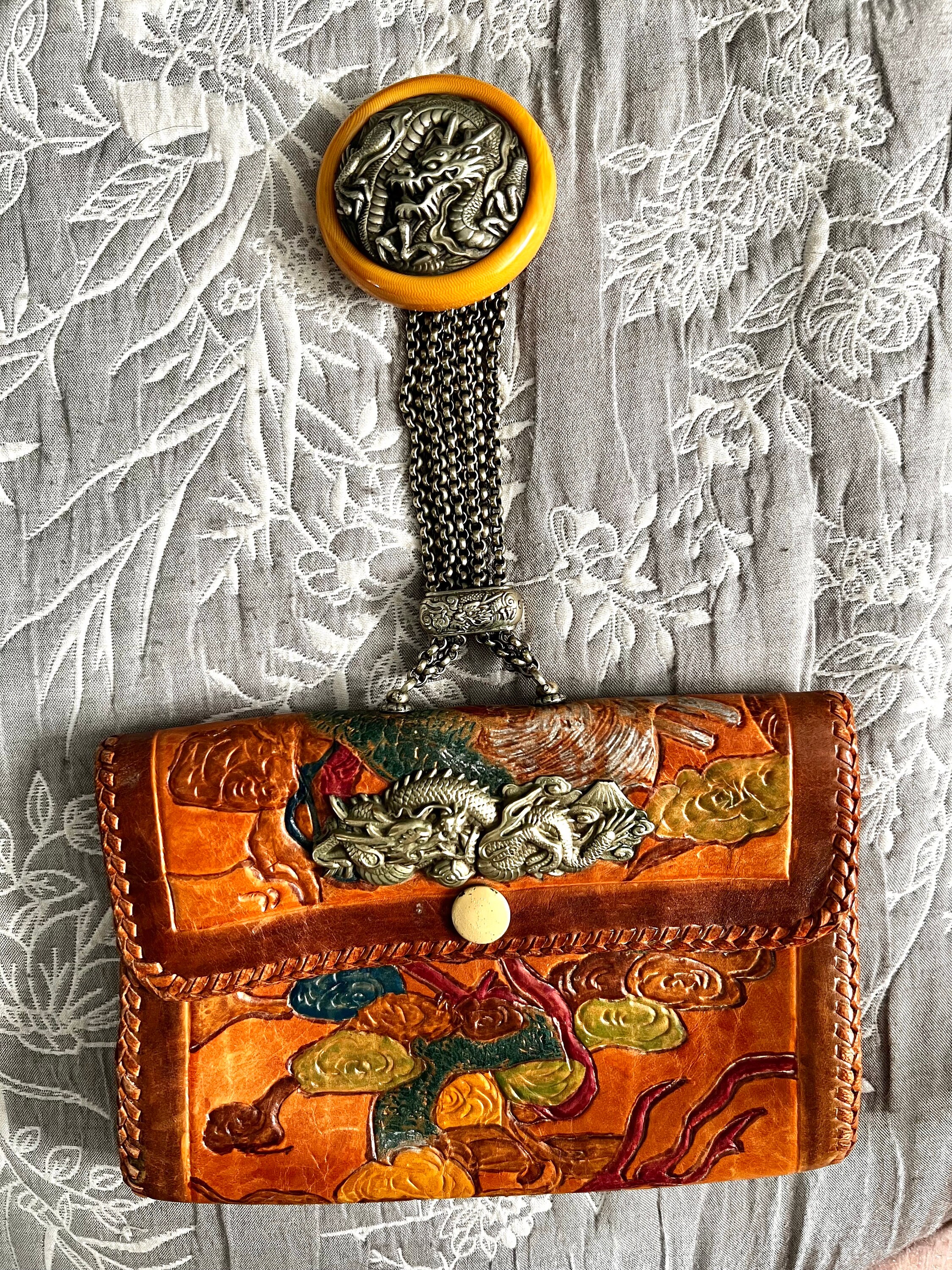 antique japanese tobacco pouch Antique Japanese Beautiful Leather Handpainted Tobacco Pouch w/ Netsuke  Detail