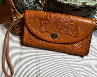 Beautiful Vintage 70s Hand Tooled Leather Clutch or Purse w/ Wrist Strap Southwestern