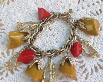 Vintage 40s Bakelite Charm Brecelet Red Green Yellow Gold Plated Great Piece