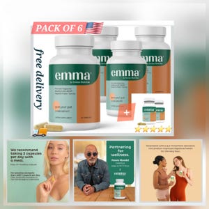 May include: Six bottles of "emma" dietary supplement with white lids and green and orange labels. The bottles are displayed with additional promotional images and text, including "give your gut a vacation!"