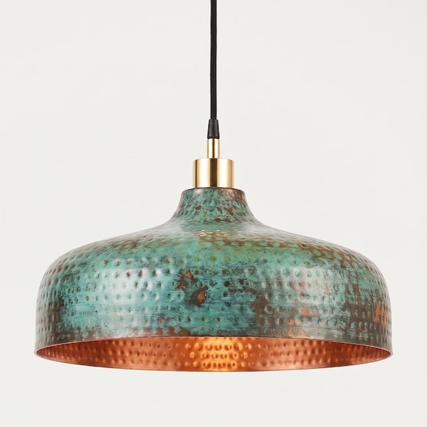 Verdigris Copper Pendant Light, Hammered Dome Ceiling Light, Green Patina Hanging Lamp