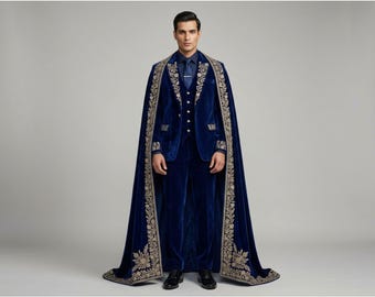 Men's Royal Blue Velvet Suit Set with Embroidered Cape Wedding Gift for Him